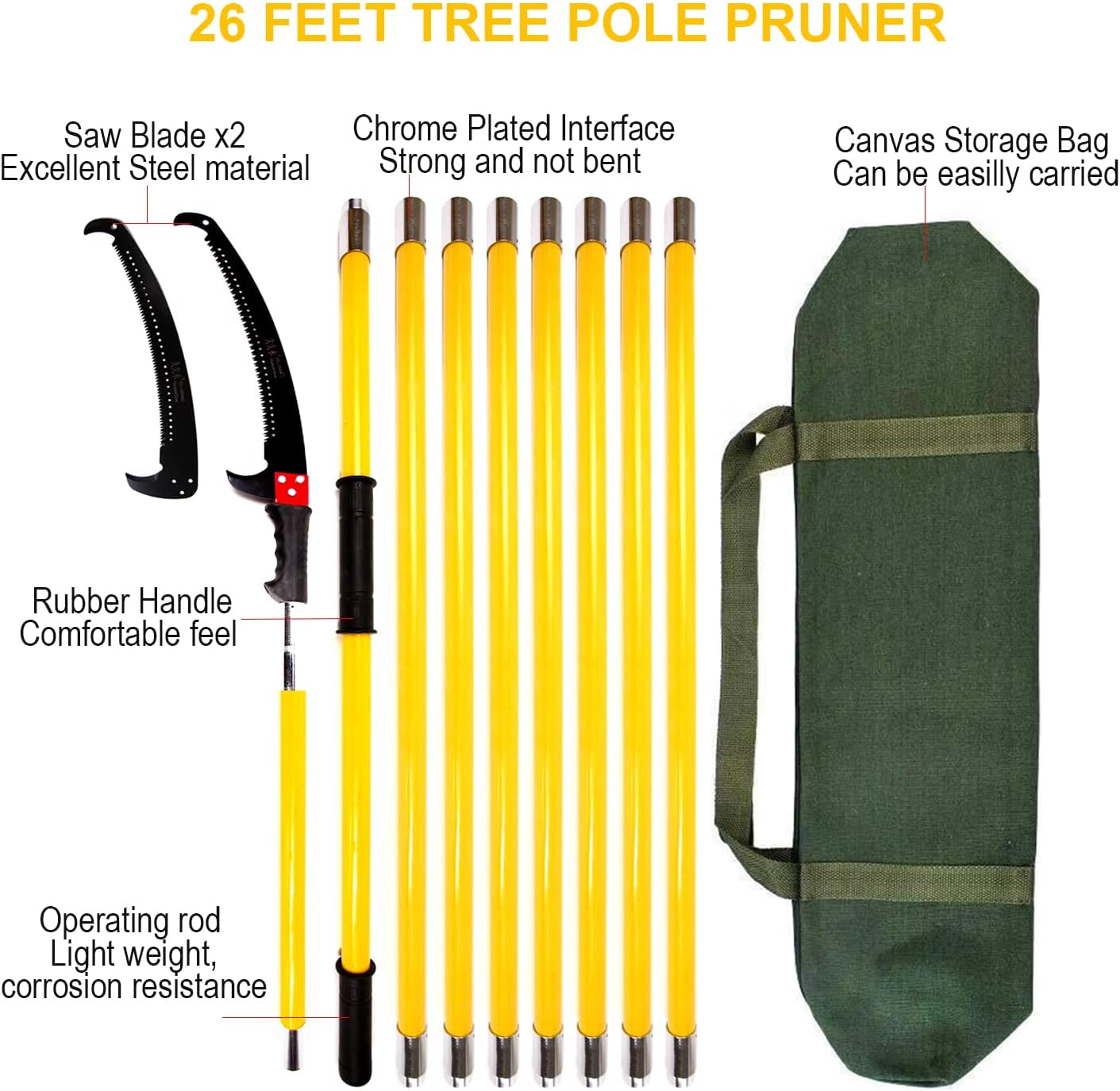 30 Feet Tree Pole Pruner, Durable Tree Trimmers Handle, Manual Branches Trimmer for Garden Tools Loppers Hand Pole Saws Extendable Height with Knives and Storage Pocket